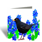 Blackbird in Forget Me Nots, Blue Flowers Greeting Card