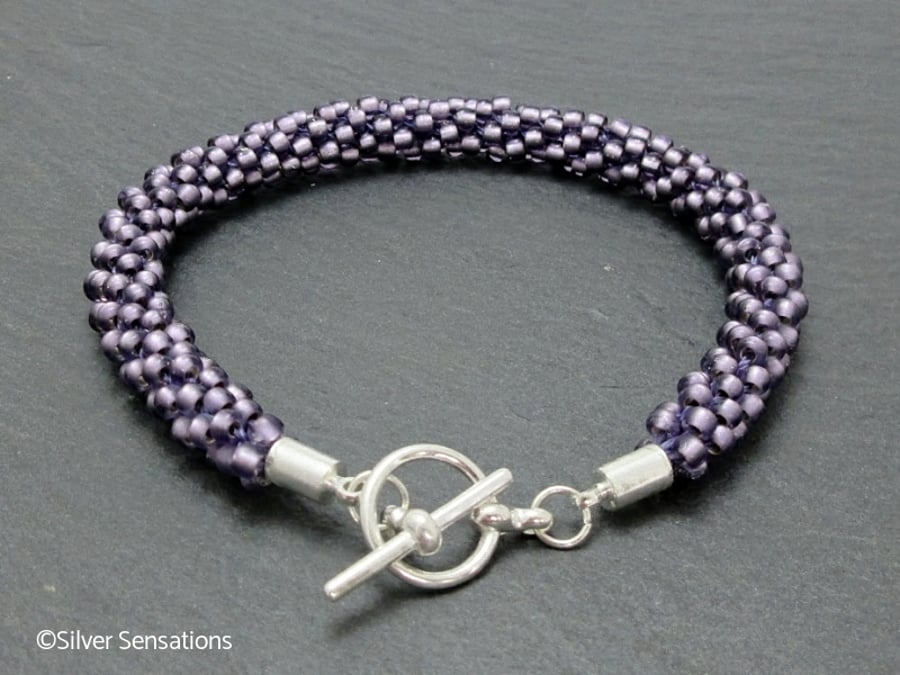 Frosted Satin Amethyst Purple Beaded & Woven Kumihimo Seed Bead Bracelet