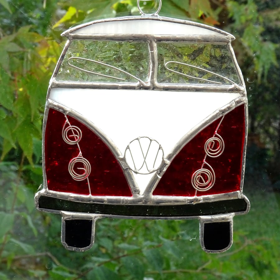 Stained Glass Camper Van Suncatcher - Handmade Decoration Red and White