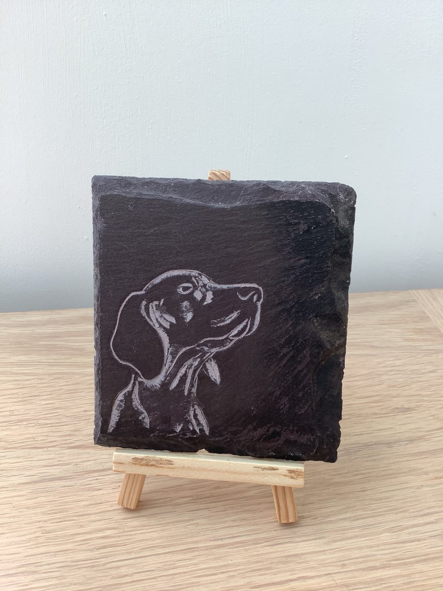 Adoring Dachshund Hound Dog - original art picture hand carved on slate