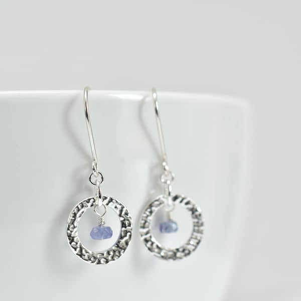 Tanzanite and Fine Silver Circle Earrings