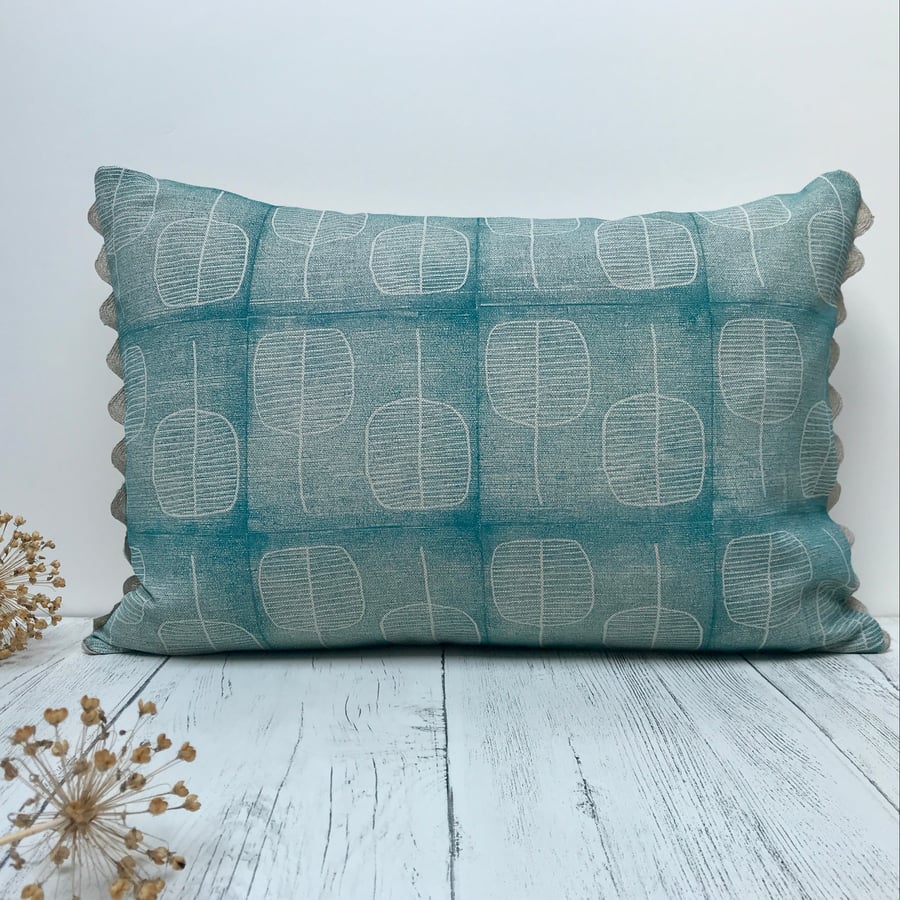 Hand Printed Organic Cotton Oblong Cushion - FOLKI - Teal