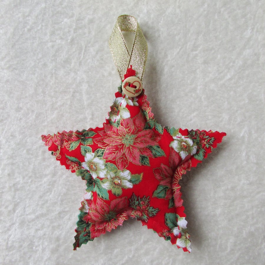 Hanging star Christmas tree decoration - red, cream, green and gold fabric