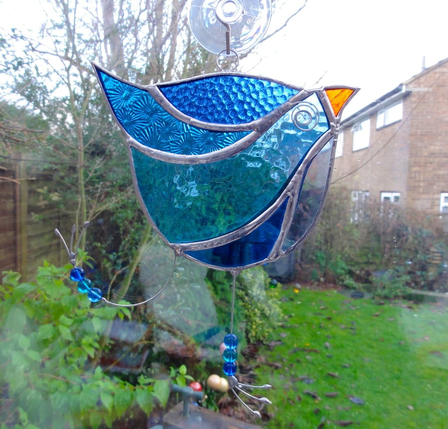 Stained Glass Funky Bird Suncatcher  - Blue