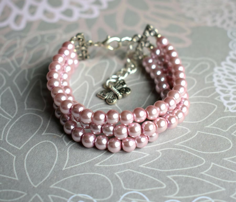 Pink Glass Pearl Three Strand Bracelet