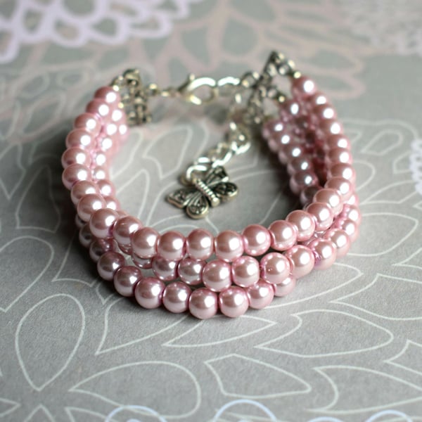 Pink Glass Pearl Three Strand Bracelet