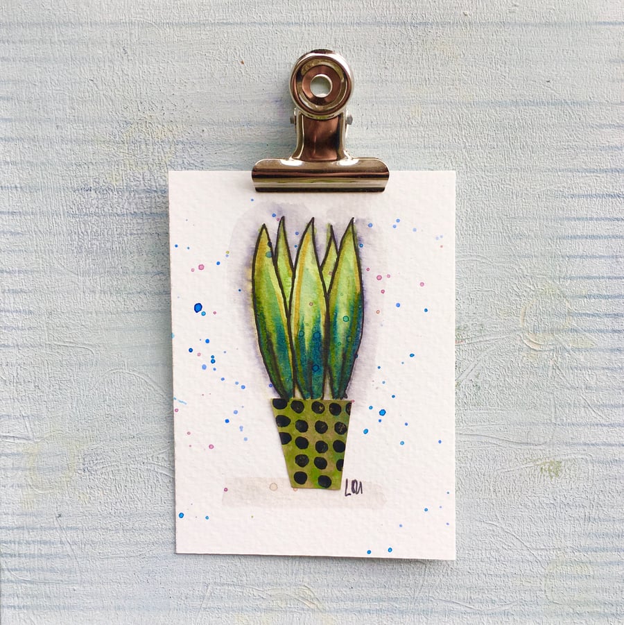 Original watercolour collage  miniature ACEO house plant 