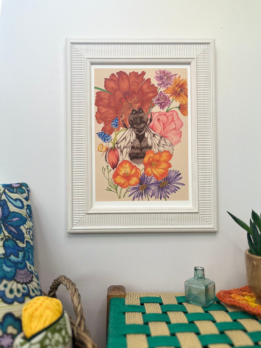 orange and purple Bumblebee wall art, watercolour hand wall art print. Bee art. 