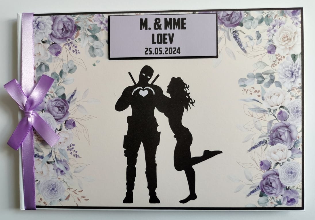Dead Pool wedding guest book, lilac superheroes wedding guest book