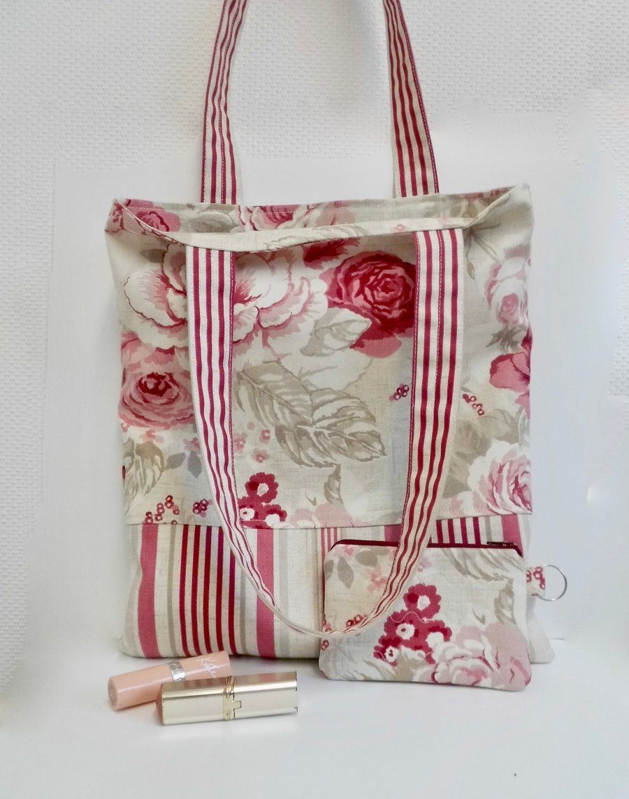 SOLD Tote bag and matching coin purse in pink floral and stripes lined 