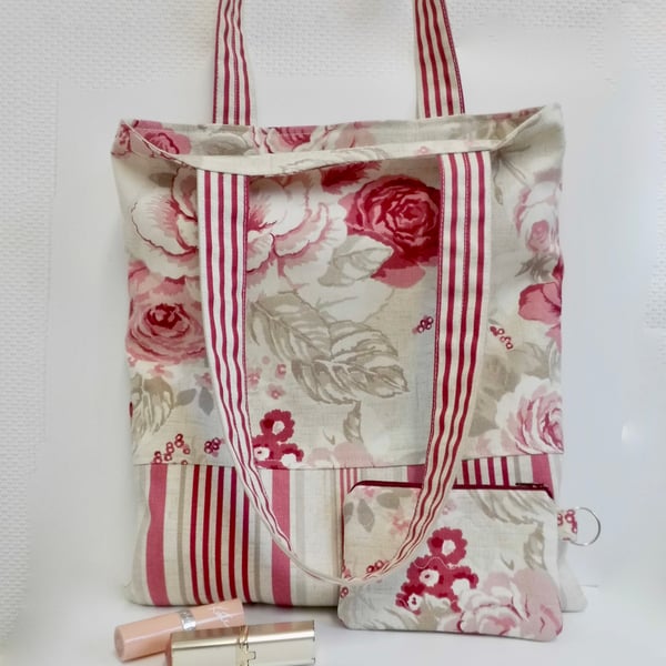 SOLD Tote bag and matching coin purse in pink floral and stripes lined 