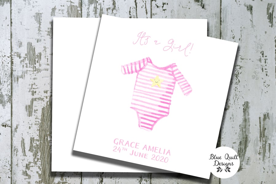 Personalised New Baby Card - Watercolour Print - Girl Vest 