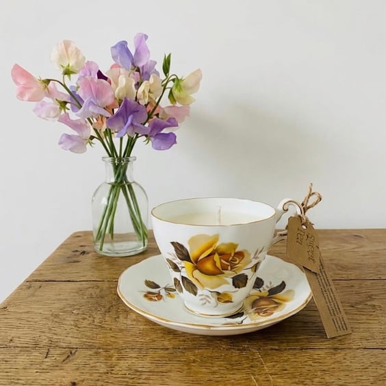 Sweet Pea Tea Cup Candle with Saucer