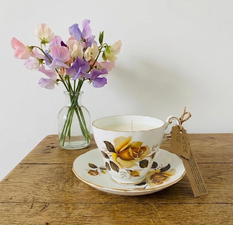 Sweet Pea Tea Cup Candle with Saucer