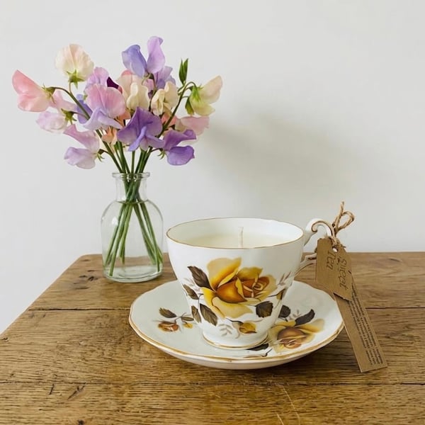 Sweet Pea Tea Cup Candle with Saucer