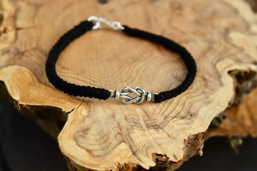 Black Cotton Bracelet with Silver Knot, Cotton Anniversary Gift, 2nd Anniversary