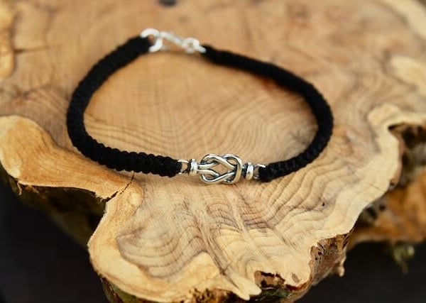 Black Cotton Bracelet with Silver Knot, Cotton Anniversary Gift, 2nd Anniversary