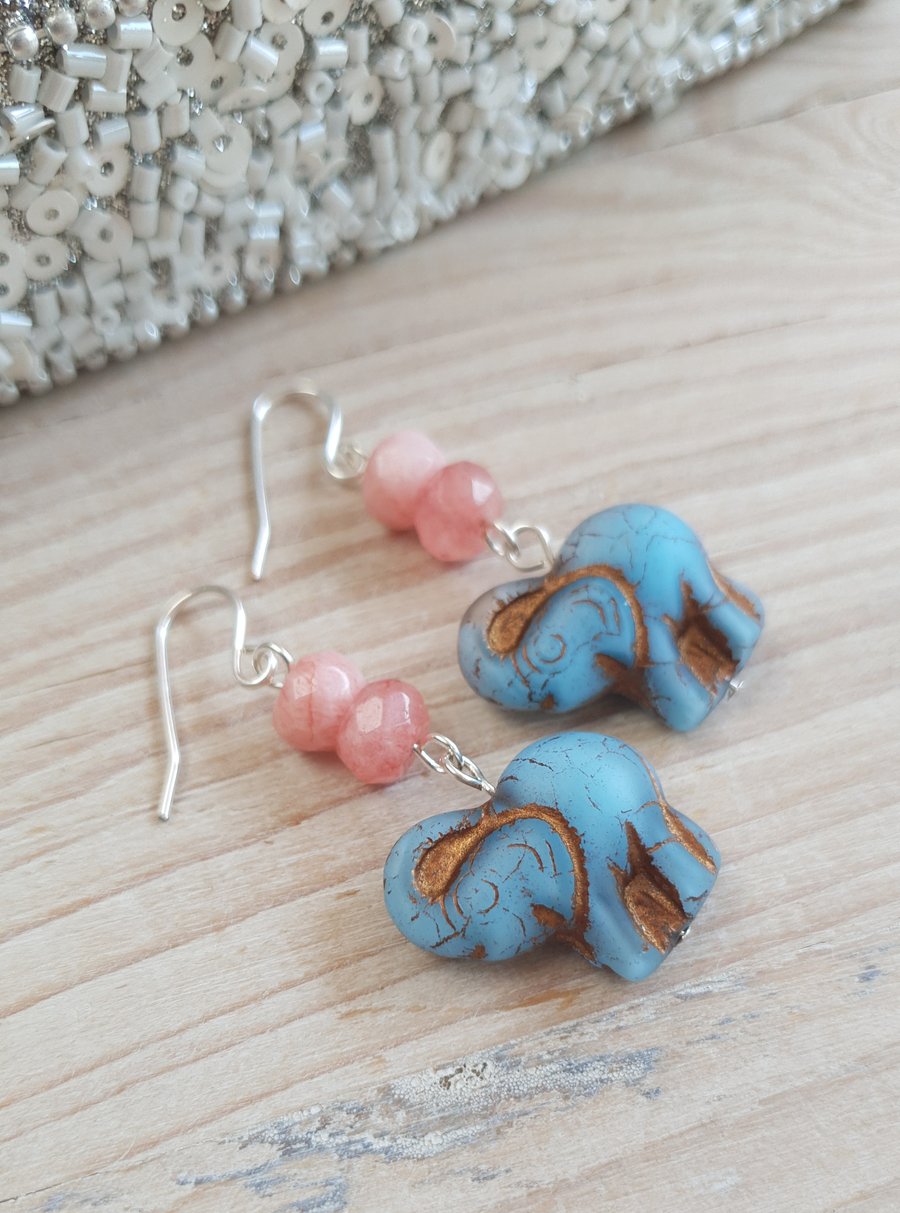 Elephant Czech Glass & Semi Precious Stone Earrings - Pearlescent Blue & Pink