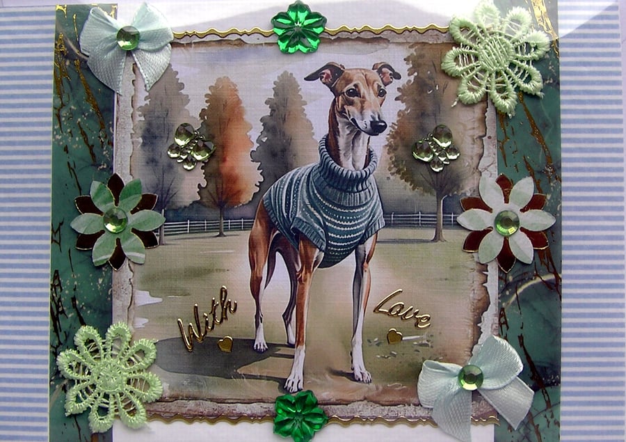 Greyhound Dog - Hand Crafted Decoupage Greeting Card - With Love (3298)