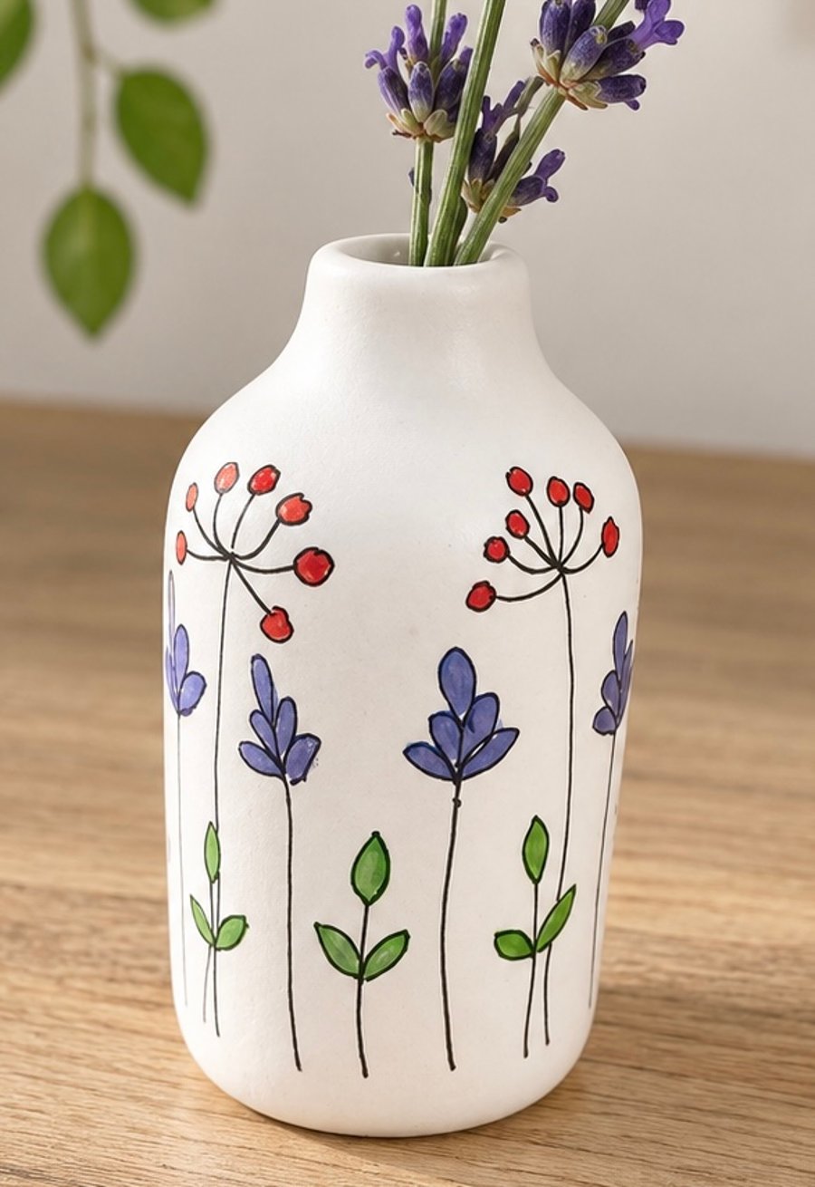 Mini ceramic vase with hand drawn flowers