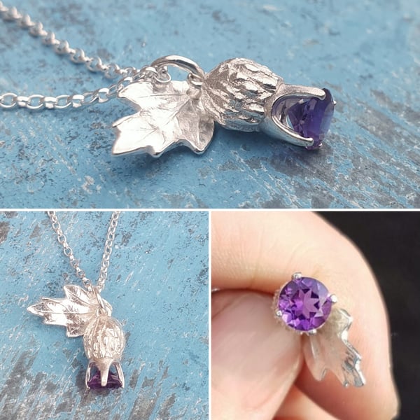 Amethyst Thistle  & leaf Necklace