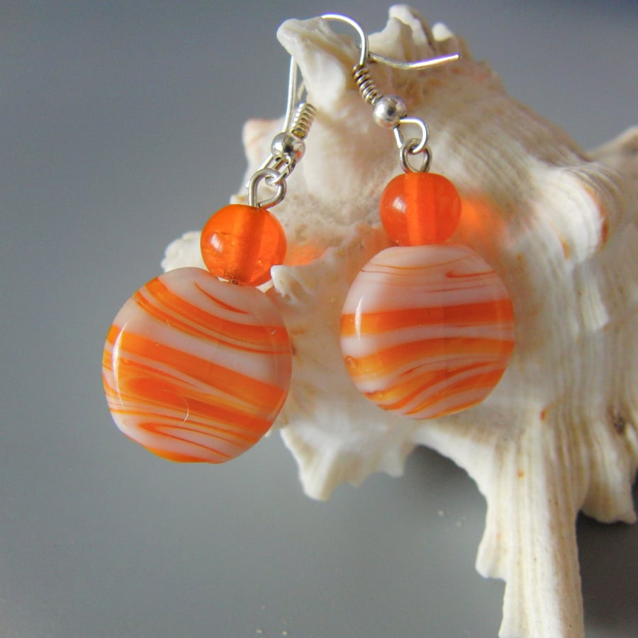 Orange and White Striped Art Glass Bead Earrings, Gift for Her, Orange Earrings
