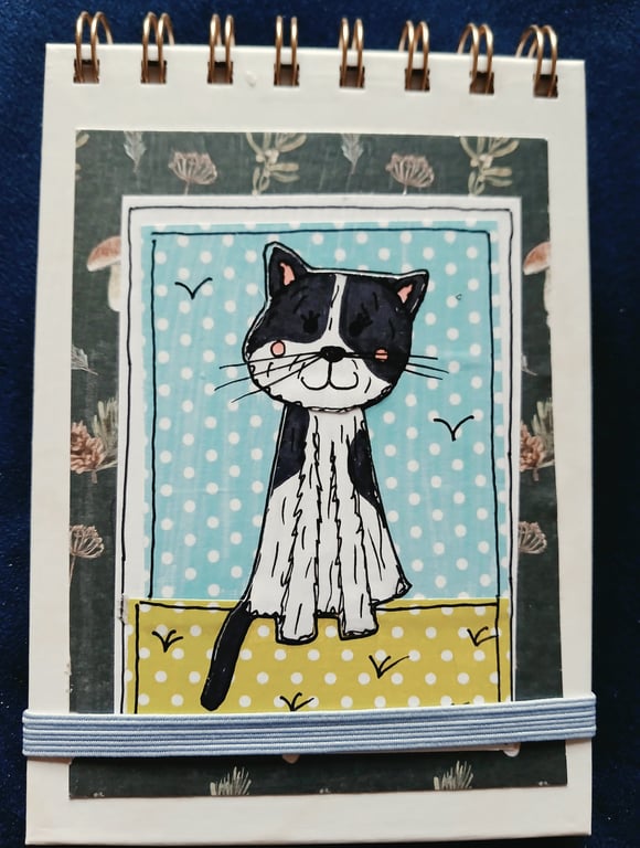 Quirky art A6 reporters notebooks hand decorated with original cute cat art