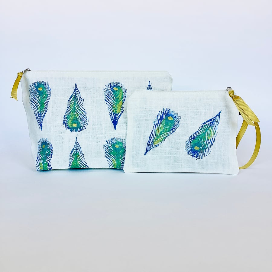 Linen Makeup Bag Peacock Feathers Print; Hand printed Clutch Bag