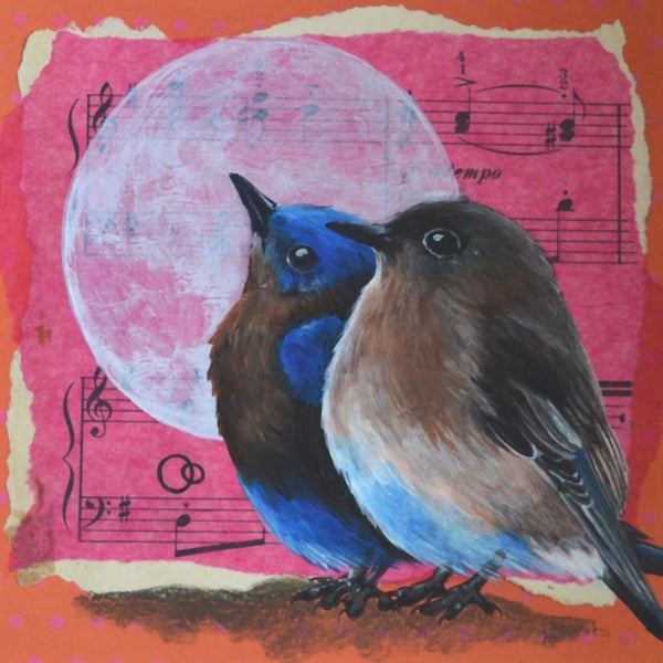 "Moonlight Serenade" Hand Painted Collage Two Birds Sheet Music Nature Art