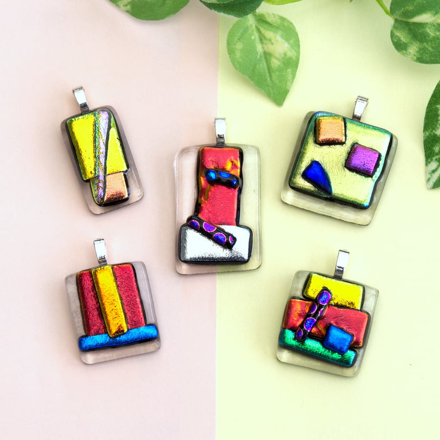 Unique Yellow and Red Tack Fused Textured Dichroic Glass Pendants Necklace