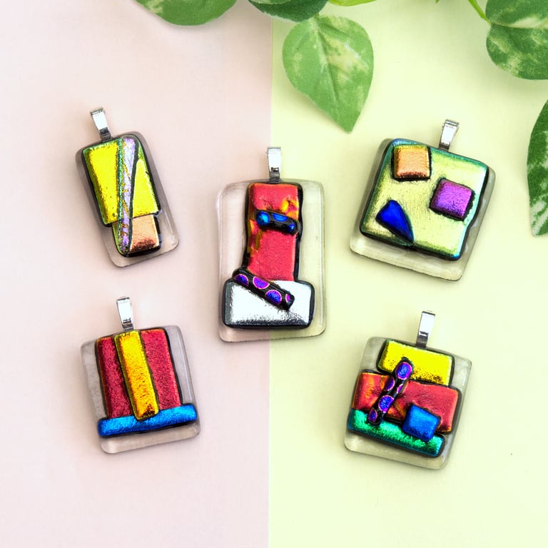 Unique Yellow and Red Tack Fused Textured Dichroic Glass Pendants Necklace