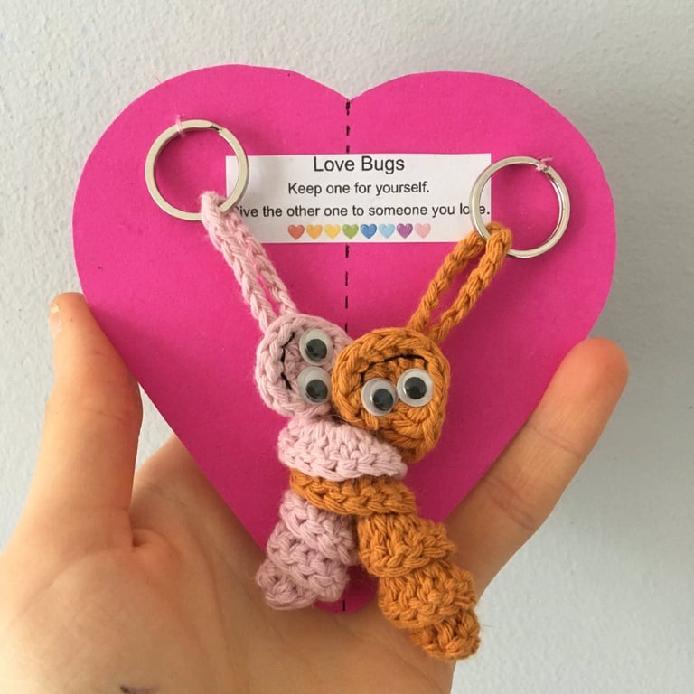 Crochet Love Bug Keyring, Orange And Pink, I Love You Gift 