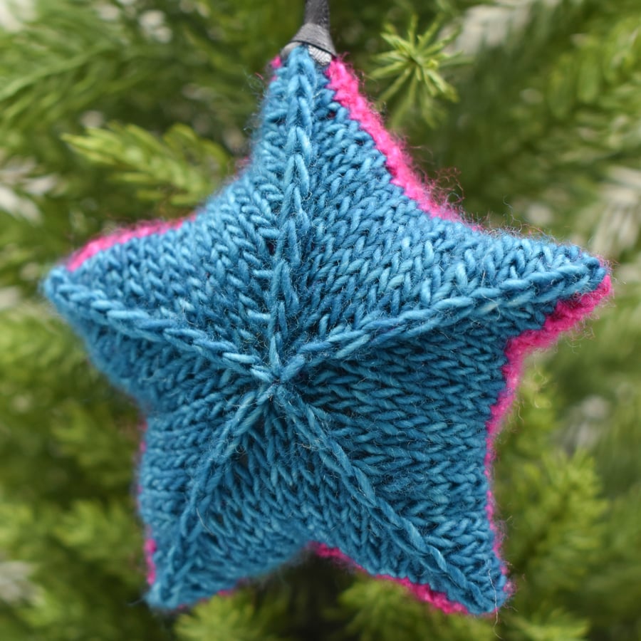 Hand knitted star - Plastic Free Christmas Decorations  - Pink and Blue