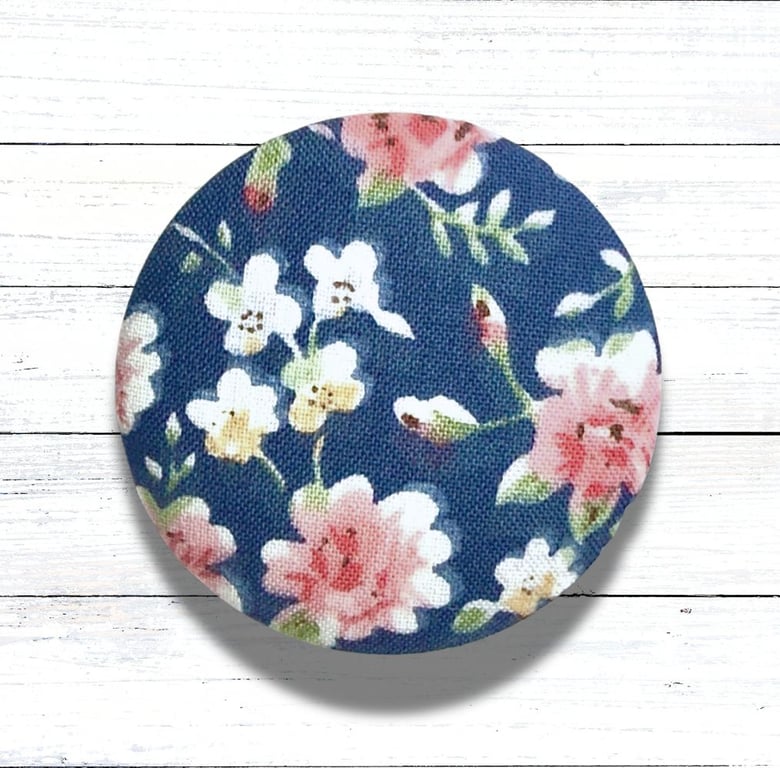 Deep Blue Floral Fabric Covered Button Badge Brooch, Handmade, Christmas Gift