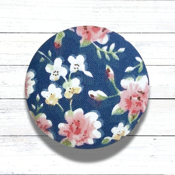 Deep Blue Floral Fabric Covered Button Badge Brooch, Handmade