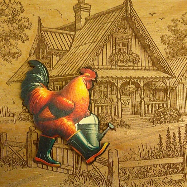Chicken working in the garden. Wear as a brooch. Made of lightweight wood.