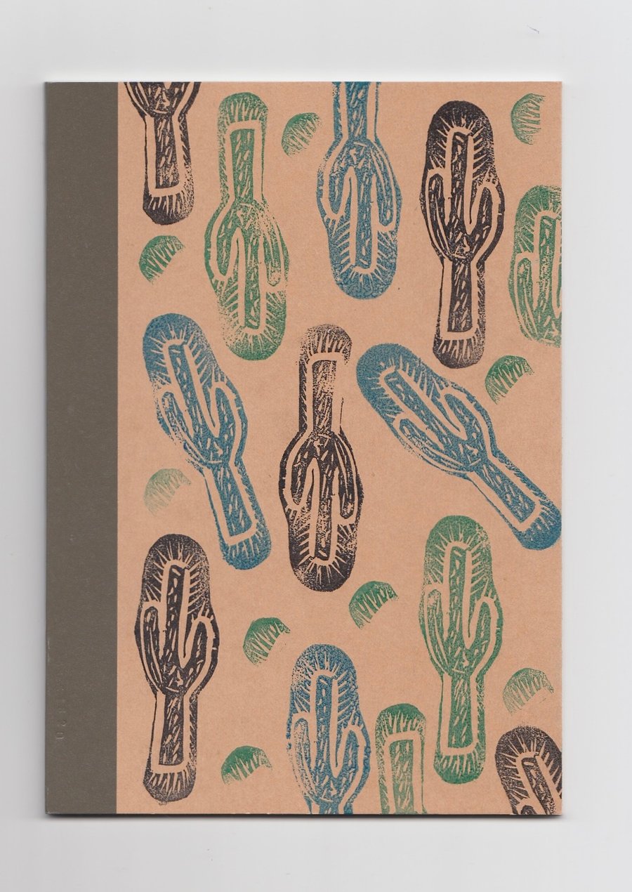 Linocut Print Cactus Notebook. Recycled Lined Notepad.