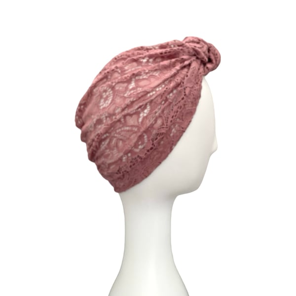 Dusky Pink Thin Knotted Lace Turban Hat Head Scarf Wrap for Women