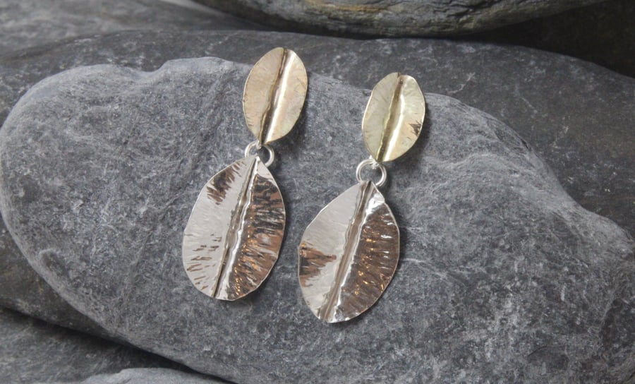 9ct Gold and Silver Leaf Drop Earrings