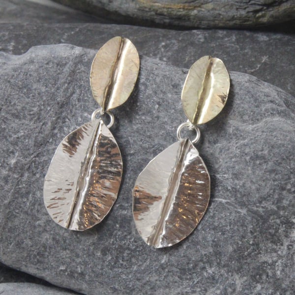 9ct Gold and Silver Leaf Drop Earrings