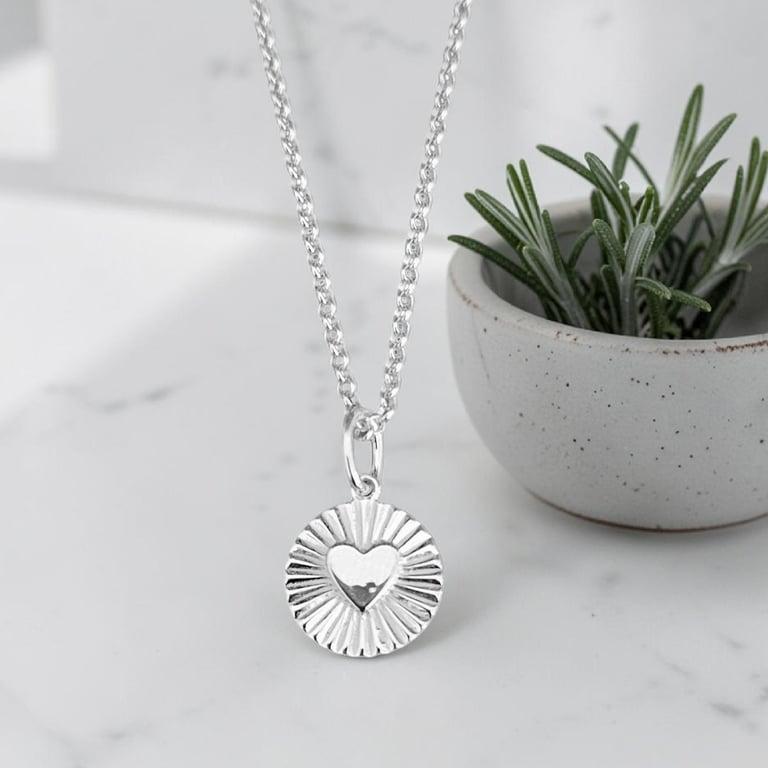 Sterling Silver Pendant Necklace Round Rays With Heart Charm Necklace 