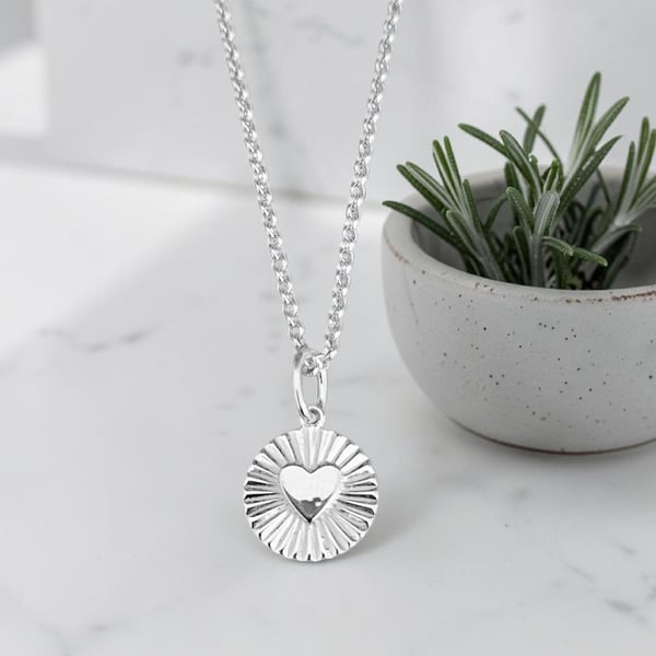 Sterling Silver Pendant Necklace Round Rays With Heart Charm Necklace 