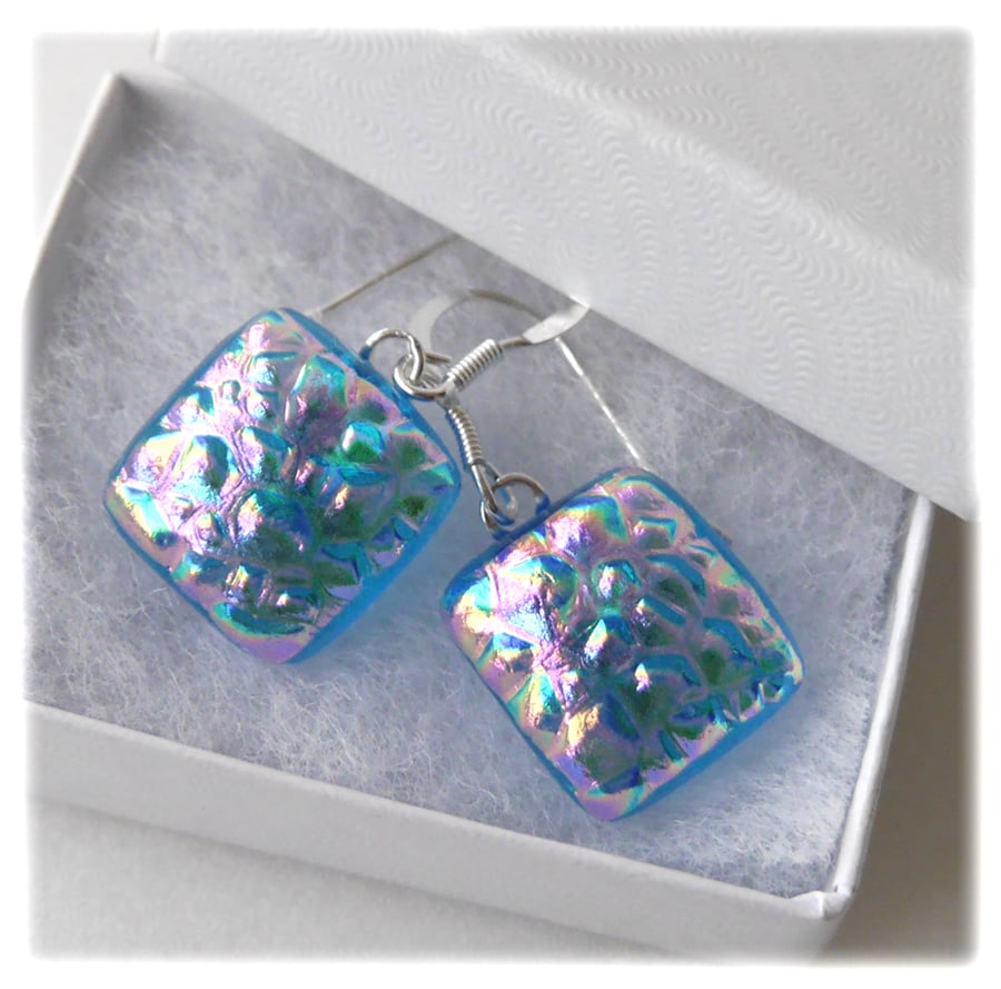 Fused Glass Earrings Dichroic 289 Turquoise Shimmer Handmade
