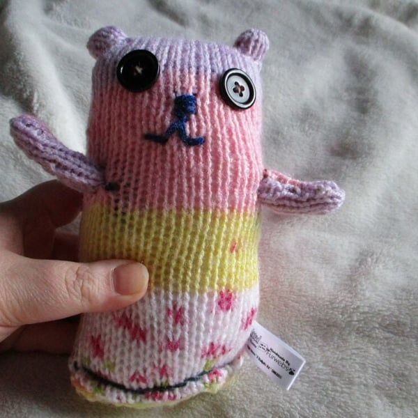 Pink Floral and Lilac Head Midi Kitten Cat with Black Eyes Knitted By KM