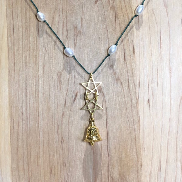 Double brass star and delicate brass bell pendant with Freshwater Pearls
