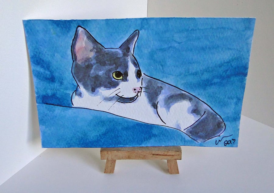 OSWOA Kitten Comfort Art  Original Watercolour & Ink Painting 4x6 OOAK Cat
