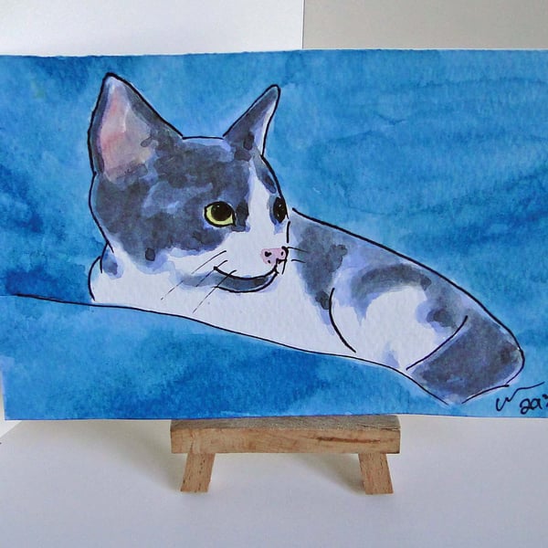 OSWOA Kitten Comfort Art  Original Watercolour & Ink Painting 4x6 OOAK Cat