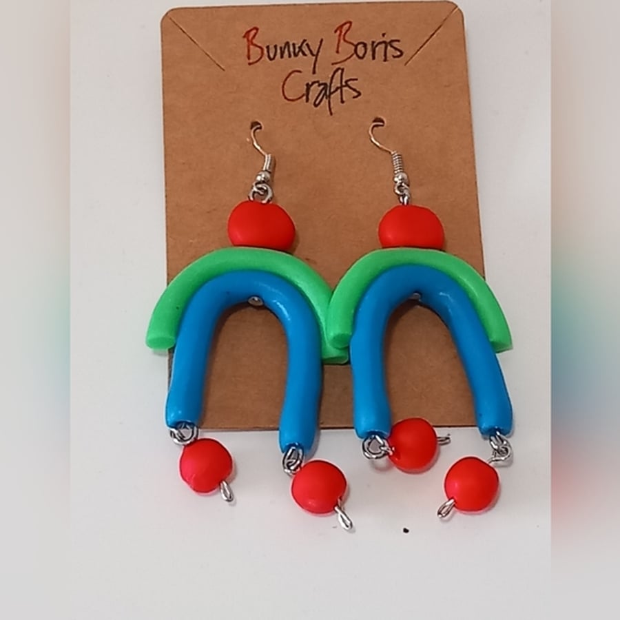 Rainbow dangly fimo polymer clay earrings brand new