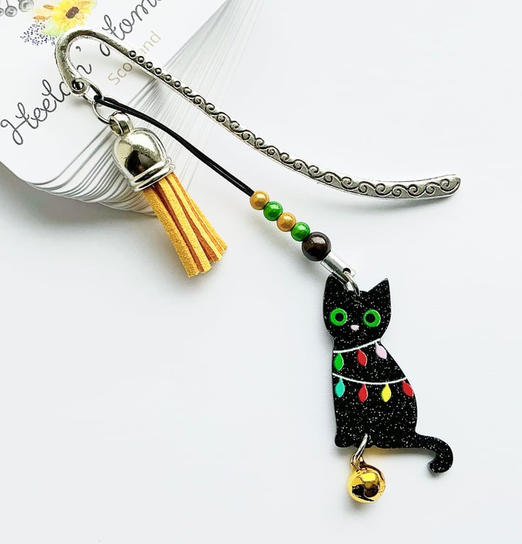 Cat Bookmark With Bell. Christmas Bookmark. Metal Bookmarks. Stocking Filler.