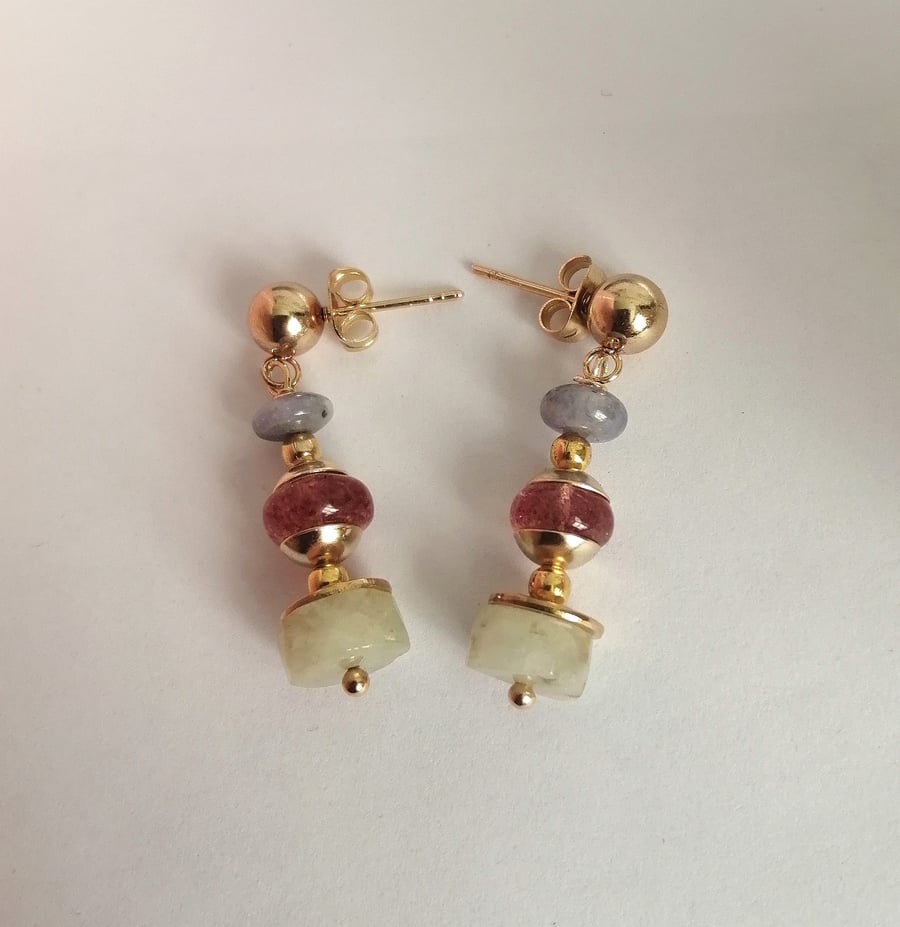 Gemstone earrings, Tanzanite, strawberry quartz & beryl.